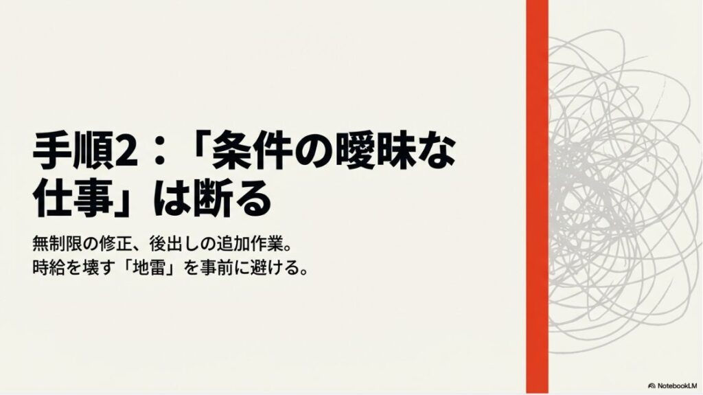 Webライターは儲からない?稼げない:手順2:条件の曖昧な仕事は断る。無制限の修正など時給を壊す地雷を事前に避ける
