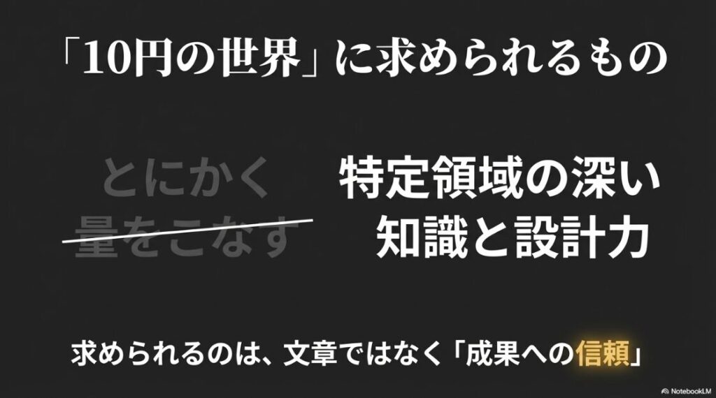 Webライターの文字単価相場:文字単価10円の世界で求められるのは特定領域の深い知識と設計力、そして文章ではなく成果への信頼であることを示すスライド