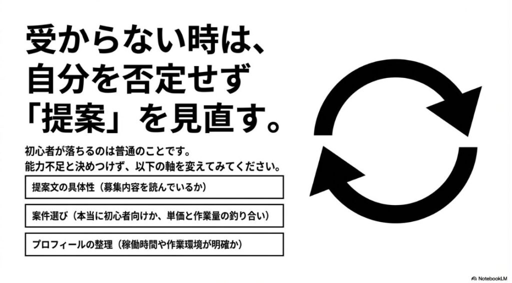 クラウドワークスでクライアントから連絡がこない:受からない時は、自分を否定せず提案を見直す。