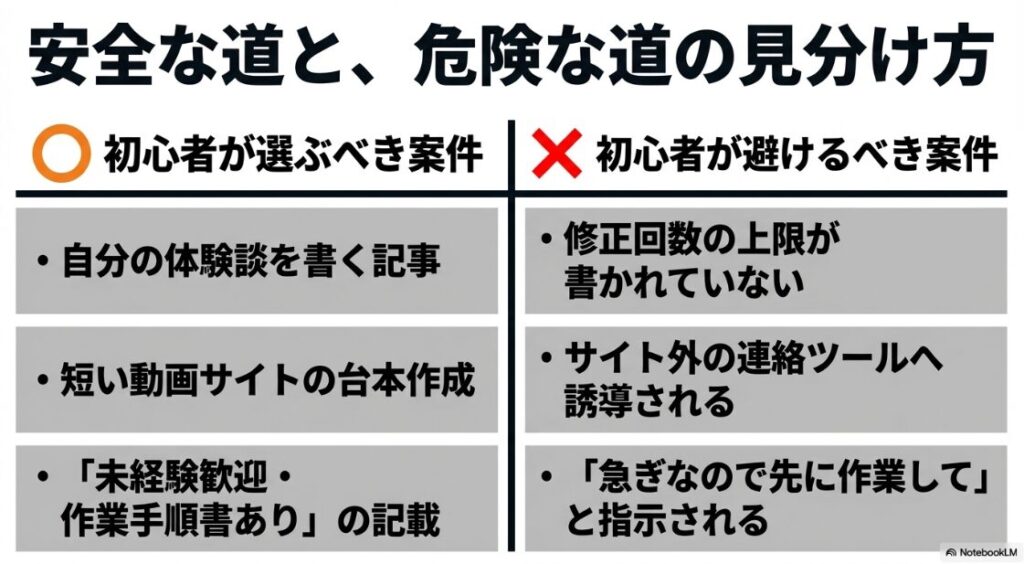 クラウドワークスでWebライターを未経験から始め方│初心者が選ぶべき案件と、初心者が避けるべき案件の特徴を比較した安全な道と危険な道の見分け方 。