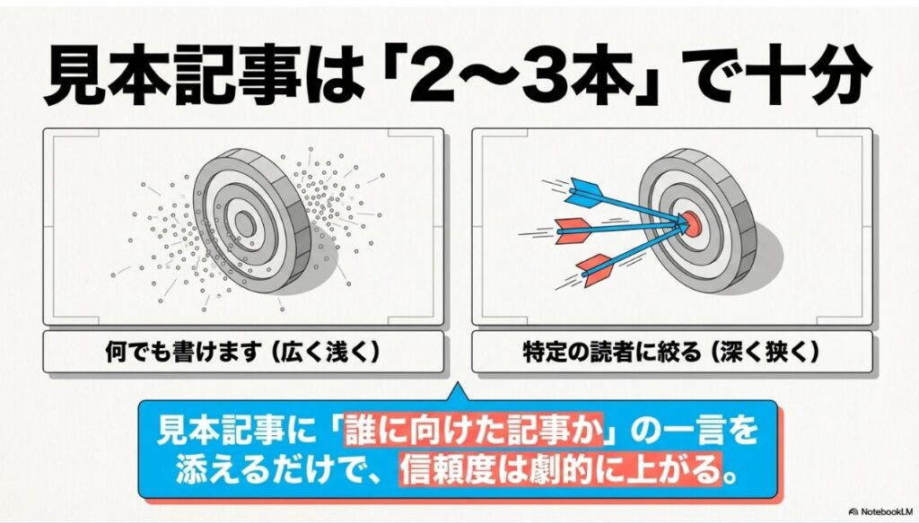 Webライターのポートフォリオ例│未経験の作り方:見本記事は2〜3本で十分。何でも書けると広く浅くアピールするのではなく、特定の読者に絞って深く狭く見せることで信頼度が上がることを示す的の図解 。