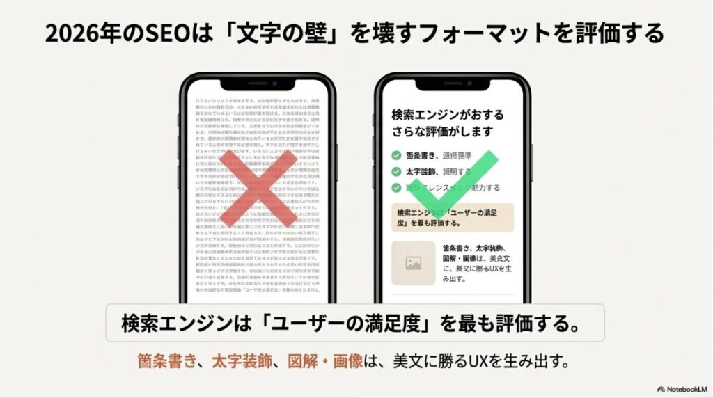 Webライターに向いてない人:検索エンジンはユーザーの満足度を最も評価し、箇条書きや太字装飾、図解・画像が美文に勝るUXを生み出すことを示すスマートフォン画面の比較