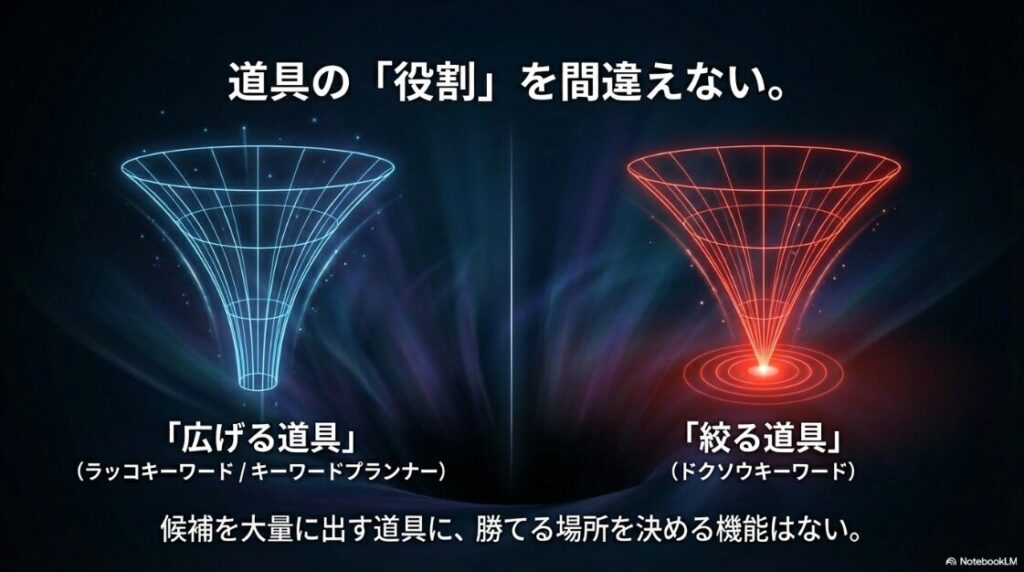 広げる道具（ラッコキーワード等）と絞る道具（ドクソウキーワード）の役割の違い。広げる道具に勝てる場所を決める機能はない