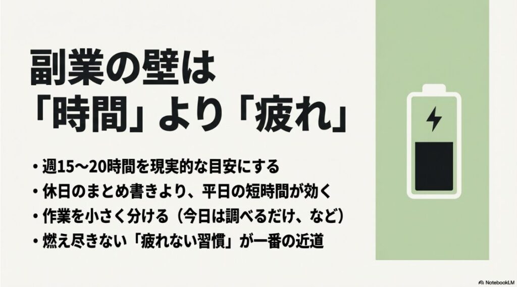 Webライターで月5万円：副業の壁は時間より疲れ。週15〜20時間を現実的な目安とし、燃え尽きない習慣が近道であるという解説 。