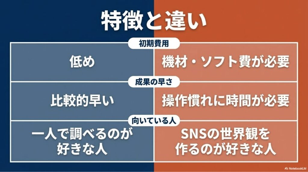 Webライターと動画編集はどっちが合う？Webライターと動画編集の特徴と違い。初期費用、成果の早さ、向いている人の比較表