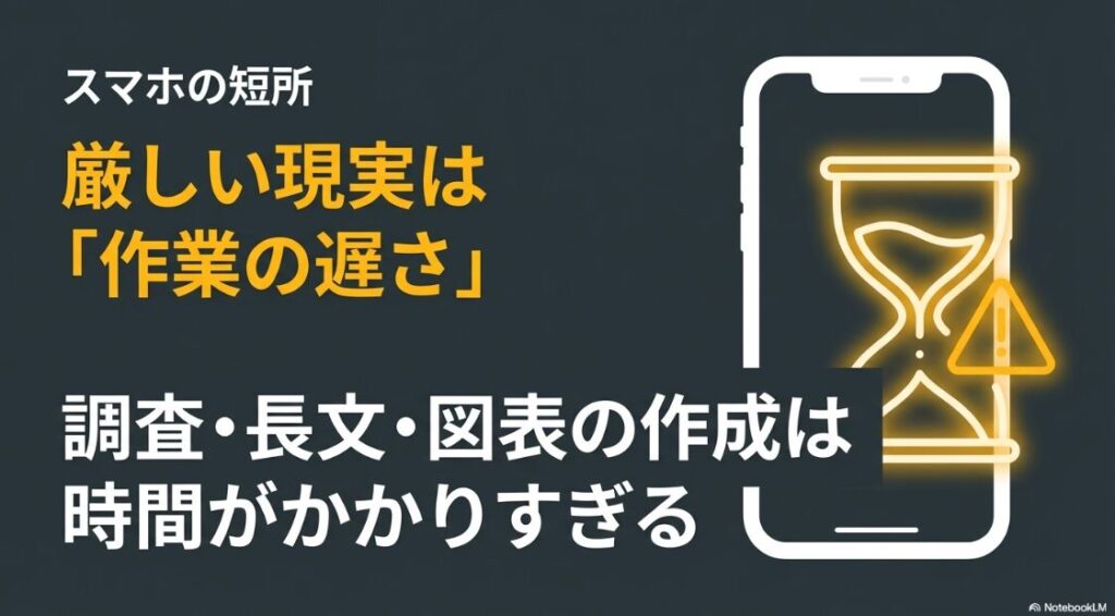 Webライターはパソコンがないと無理?スマホの厳しい現実は作業の遅さであり、調査や長文作成に時間がかかりすぎることを示すスライド