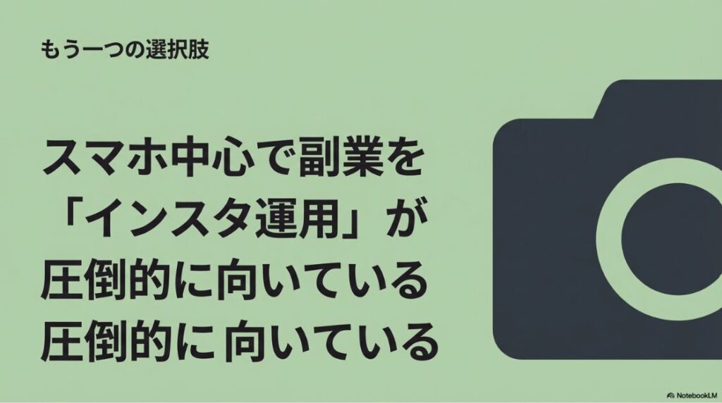 Webライターはパソコンがないと無理?スマホ中心で副業をするならインスタ運用が圧倒的に向いているというもう一つの選択肢を示すスライド