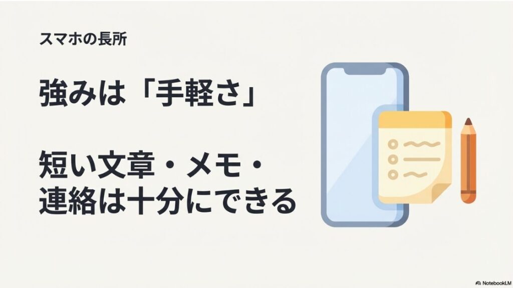 Webライターはパソコンがないと無理?スマホの強みは手軽さであり、短い文章やメモ、連絡は十分にできると説明するスライド