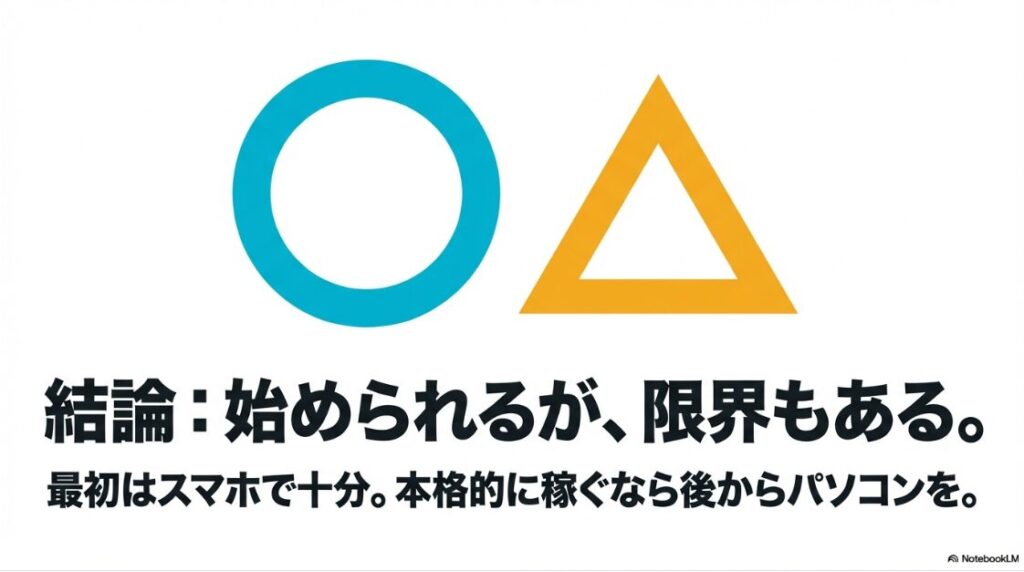 クラウドワークスでスマホのみの現実は？結論：始められるが、限界もある。最初はスマホで十分。本格的に稼ぐなら後からパソコンを。