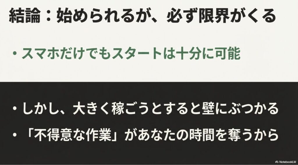 Webライター副業をスマホのみで始め方｜結論：スマホだけでもスタートは十分に可能だが、不得意な作業に時間を奪われ限界がくる