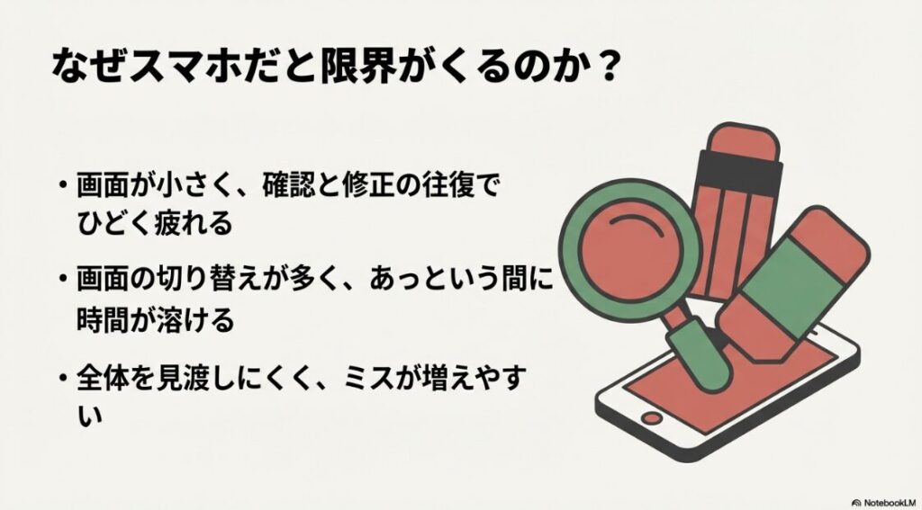 Webライター副業をスマホのみで始め方｜なぜスマホだと限界がくるのか？画面が小さく確認と修正の往復で疲れる、画面の切り替えで時間が溶ける、全体を見渡しにくくミスが増えやすい