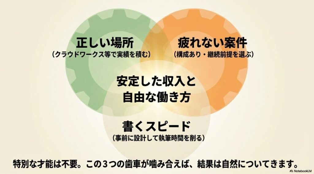 Webライター向けクラウドソーシングのおすすめ：正しい場所、疲れない案件、書くスピードの3つの歯車が噛み合う図解