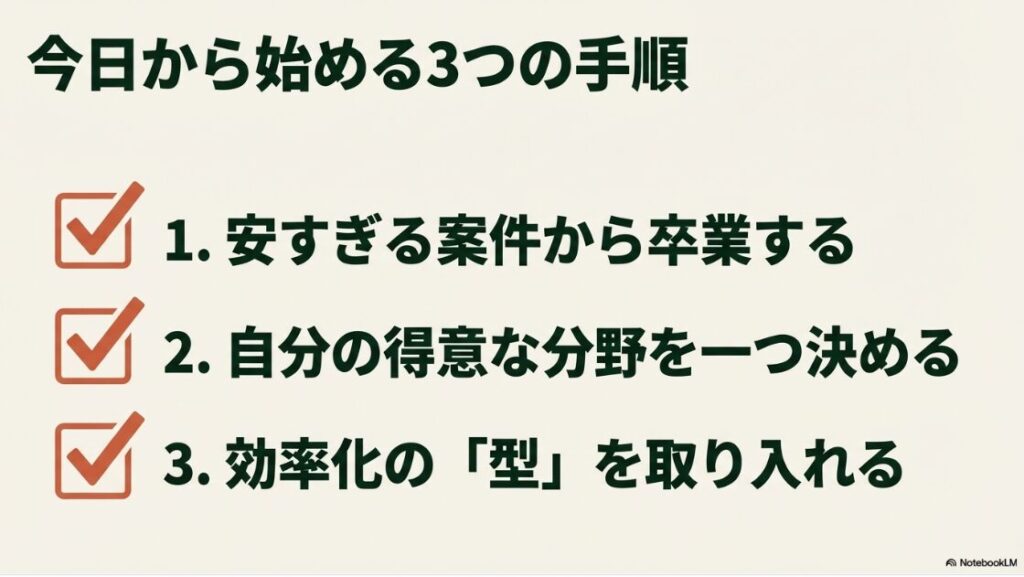Webライター副業で月10万が現実に│今日から始める3つの手順。1.安すぎる案件から卒業する、2.自分の得意な分野を一つ決める、3.効率化の型を取り入れる