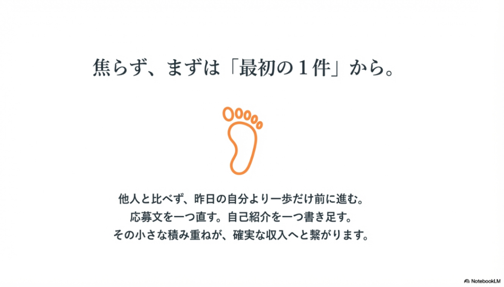 クラウドワークスで初心者が稼げない理由:他人と比べず、焦らずにまずは最初の1件の仕事を完遂することの大切さを伝えるメッセージスライド