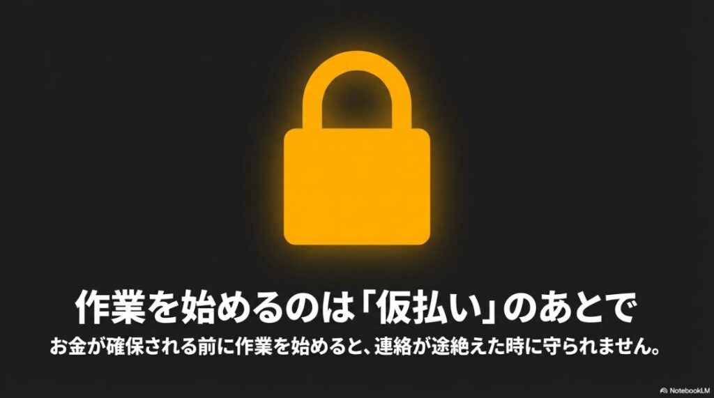 クラウドワークスでスマホのみの現実は？作業を始めるのは「仮払い」のあとで。お金が確保される前に作業を始めると、連絡が途絶えた時に守られません。