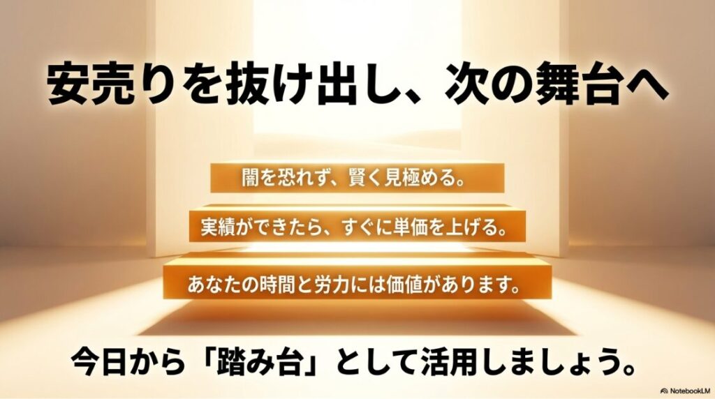 Webライターがクラウドソーシングを使う闇：安売りを抜け出し、時間と労力に価値を見出して次の舞台へ進むことを促すスライド