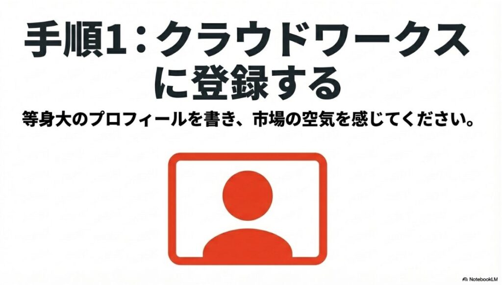プロフィールアイコン。「手順1:クラウドワークスに登録する。等身大のプロフィールを書き、市場の空気を感じてください。」というテキスト 。