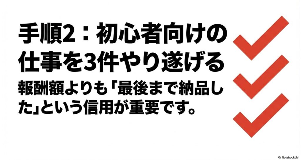 Webライターの大学生向け始め方｜「手順2:初心者向けの仕事を3件やり遂げる。報酬額よりも「最後まで納品した」という信用が重要です。」というテキスト 。
