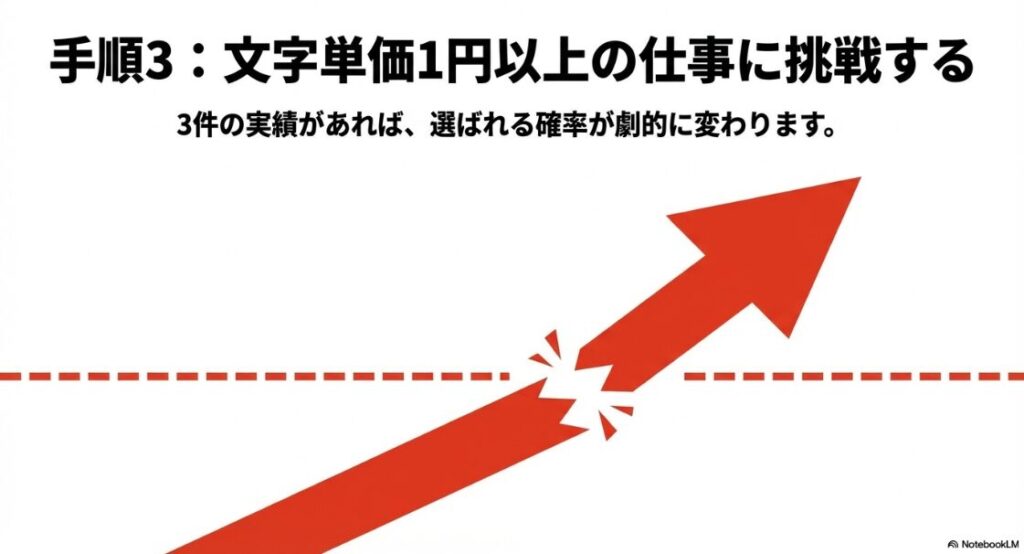 Webライターの大学生向け始め方｜「手順3:文字単価1円以上の仕事に挑戦する。3件の実績があれば、選ばれる確率が劇的に変わります。」というテキスト 。