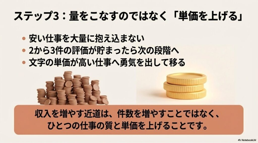 収入を増やす近道は安い仕事を大量にこなすのではなく、文字単価が高い仕事へ移り単価を上げること