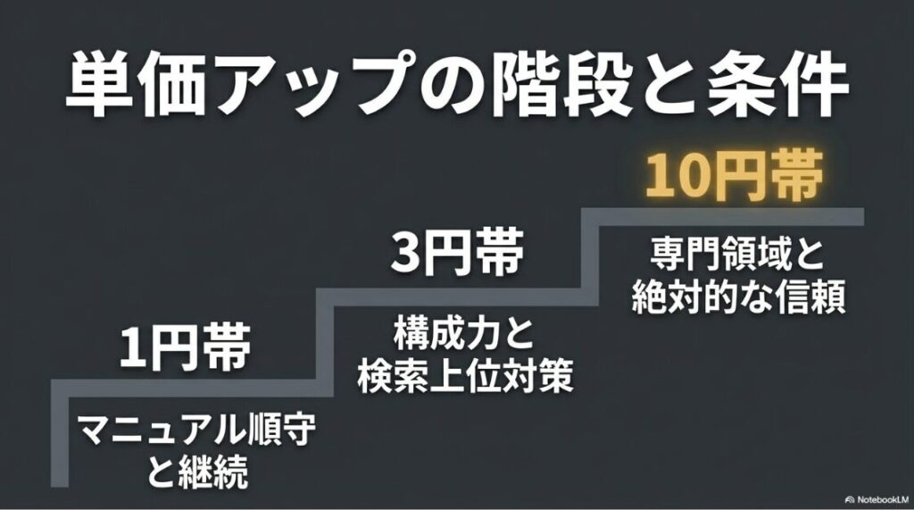 Webライターの文字単価相場:1円帯、3円帯、10円帯と単価アップしていくための階段とそれぞれの条件を示したスライド