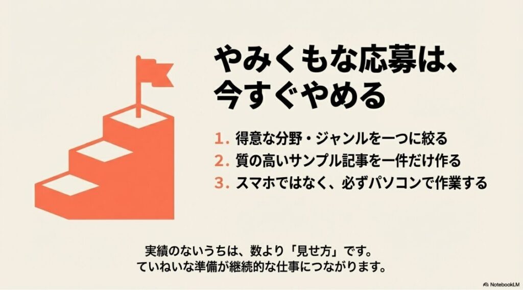 Webライターは後悔する？つらい理由：やみくもな応募をやめ、得意ジャンルを一つに絞り高品質なサンプル記事を作る手順