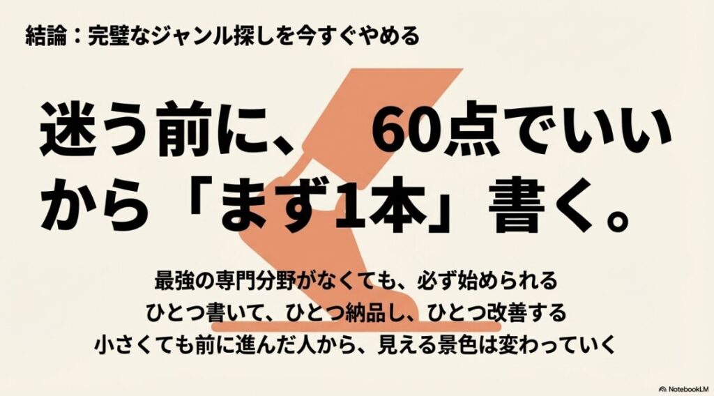 Webライター初心者におすすめジャンル│結論、完璧なジャンル探しを今すぐやめる。迷う前に、60点でいいからまず1本書く