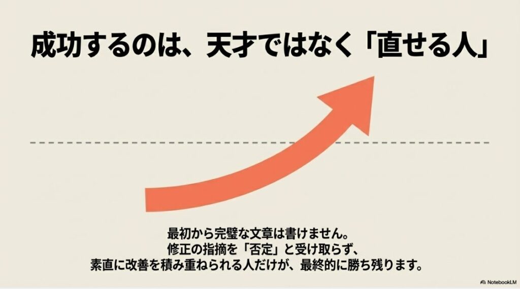 Webライターは後悔する？つらい理由：最初から完璧な文章は書けず、修正の指摘を素直に受け取り改善を積み重ねられる人が勝ち残るというメッセージが、完璧主義より改善主義という本文に合致するからです 。