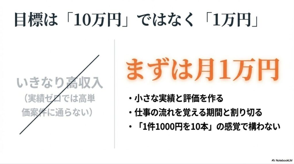 クラウドワークスで初心者が稼げない理由:初心者は実績ゼロからいきなり高単価を狙わず、まずは月1万円を目標にして仕事の流れを覚えるべきと伝えるスライド