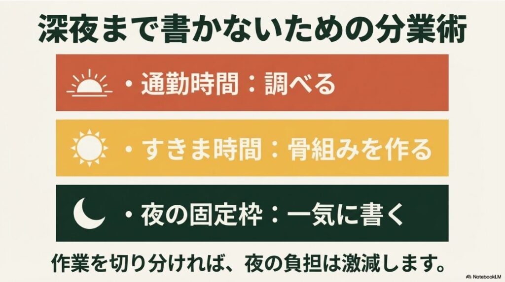 Webライター副業で月10万が現実に│深夜まで書かないための分業術。通勤時間で調べ、すきま時間で骨組みを作り、夜の固定枠で一気に書く作業の切り分け方