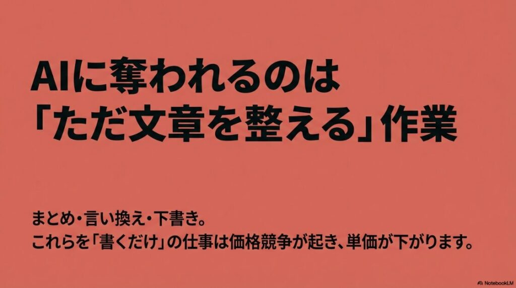 Webライターはなくなる?オワコンは怖くない!AIに奪われるのは「ただ文章を整える」作業。まとめ・言い換え・下書き。これらを「書くだけ」の仕事は価格競争が起き、単価が下がります。