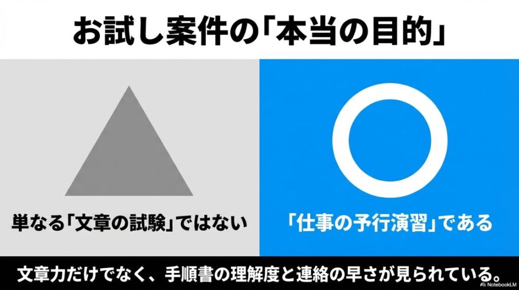 クラウドワークスでテストライティング案件:テストライティングは単なる文章試験ではなく、手順書の理解度や連絡の早さを見る仕事の予行演習であることを示す図