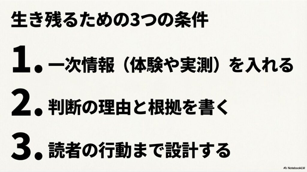Webライターはなくなる?オワコンは怖くない!生き残るための3つの条件。1.一次情報(体験や実測)を入れる、2.判断の理由と根拠を書く、3.読者の行動まで設計する