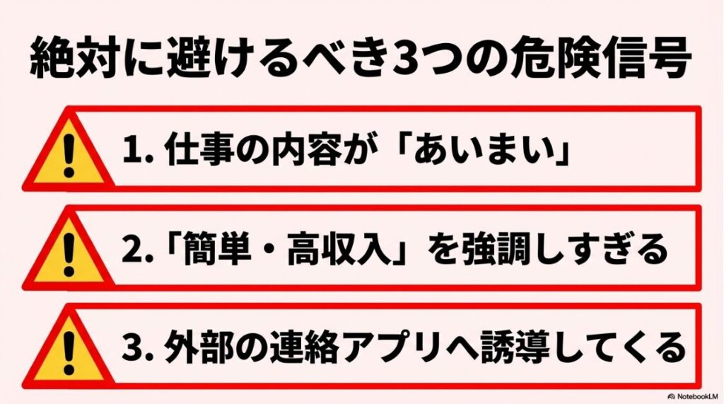 クラウドワークスでやばい案件の見分け方│仕事内容が曖昧、簡単・高収入を強調、外部連絡アプリへの誘導など、絶対に避けるべき3つの危険信号。