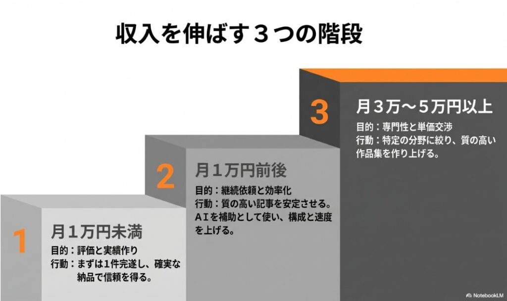 クラウドワークスで初心者が稼げない理由:月1万円未満、月1万円前後、月3万〜5万円以上という、在宅ワークで収入を伸ばすための3つの段階と行動目標を示したスライド