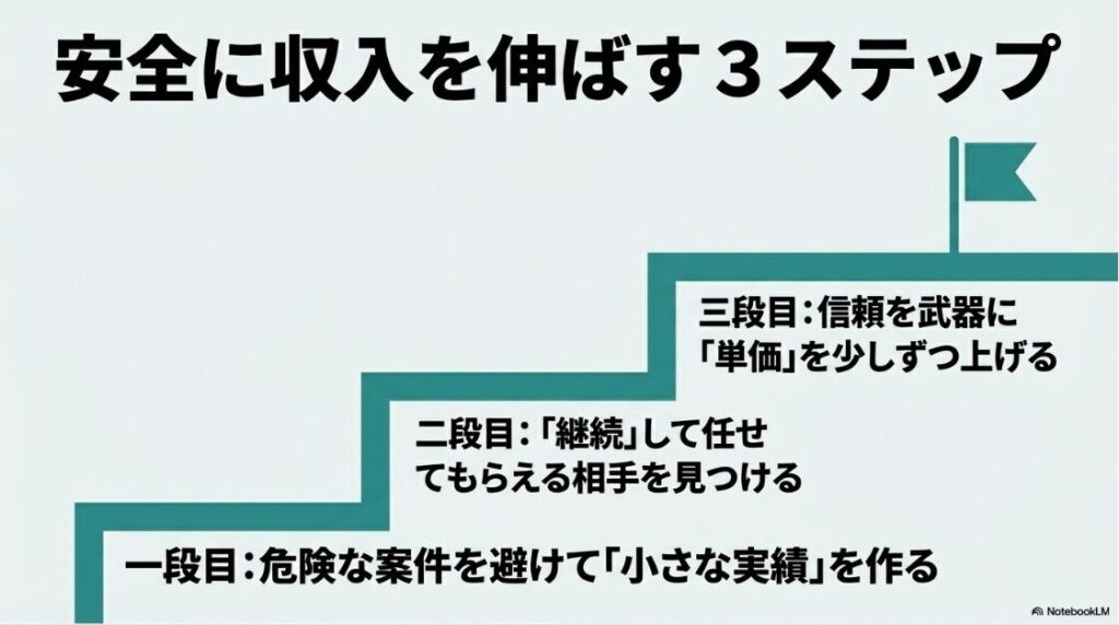クラウドワークスでやばい案件の見分け方│危険な案件を避けて小さな実績を作り、継続相手を見つけ、信頼を武器に単価を上げるという安全に収入を伸ばす3ステップ。