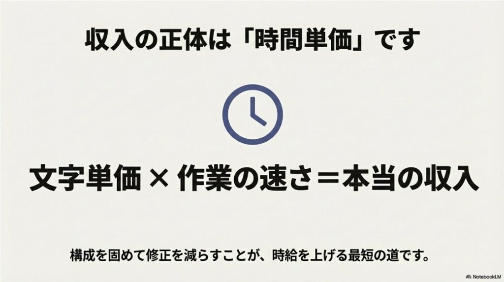 Webライターは稼げるのか：Webライターの収入の正体は時間単価であると説明するスライド