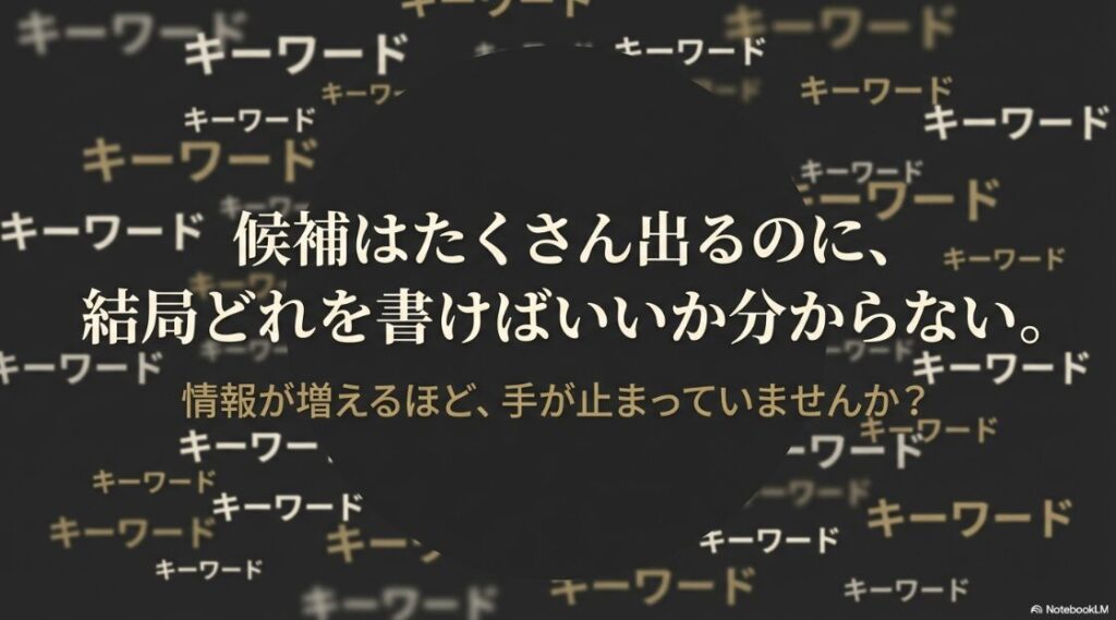 ラッコキーワードでキーワード候補はたくさん出るのに、結局どれを書けばいいか分からない 。情報が増えるほど、手が止まっていませんか？