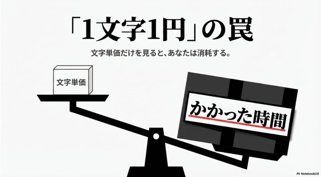 クラウドワークスの文字単価：1文字1円の罠。文字単価だけを見てかかった時間を考慮しないと、ライターは消耗してしまいます。