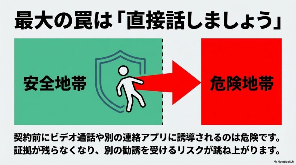 クラウドワークスでやばい案件の見分け方│契約前にビデオ通話や別の連絡アプリに誘導されるのは、証拠が残らなくなるため危険という警告。