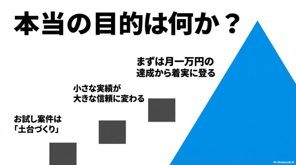 クラウドワークスでテストライティング案件:まずは月1万円の達成を目指し、お試し案件で小さな実績と信頼を積み上げることの重要性を示す図