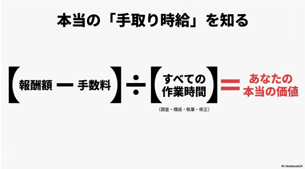 クラウドワークスの文字単価：本当の手取り時給を知る計算式。報酬額から手数料を引き、調査・構成・執筆・修正にかかったすべての作業時間で割ったものがあなたの本当の価値です。