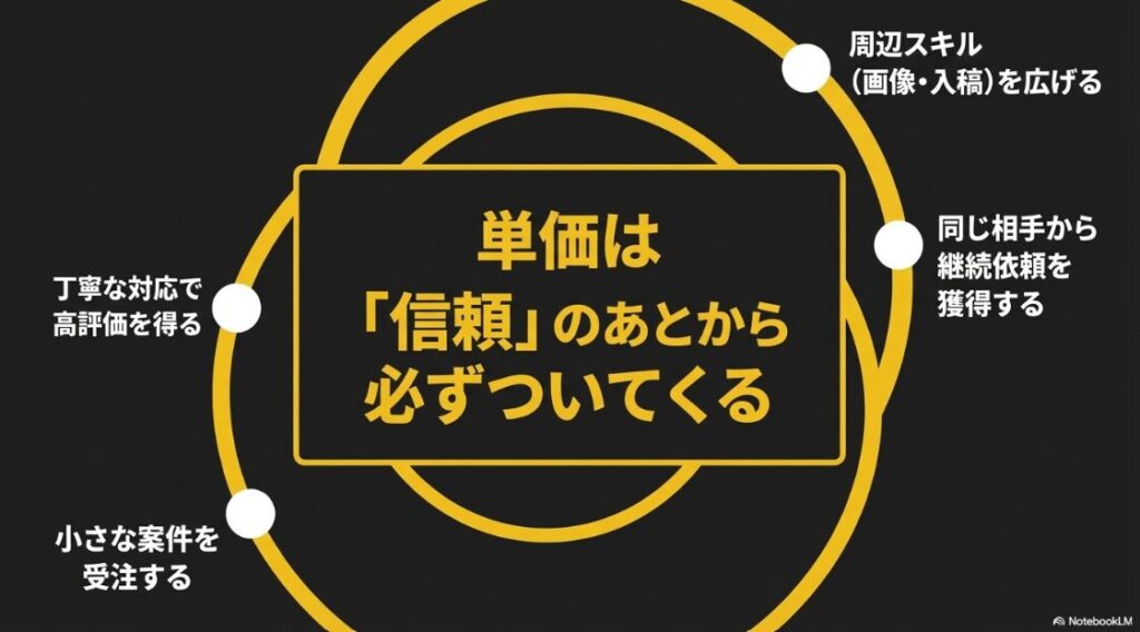 クラウドワークスでライティングをやってみた │スキルなしの現実:小さな案件から丁寧な対応で高評価を得て継続依頼を獲得し、単価を上げていく流れ