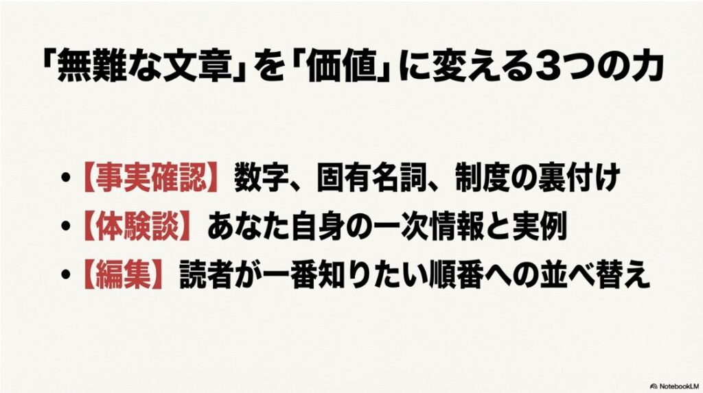 WebライターがchatGPTで失敗しないプロンプトと記事量産術:AIの無難な文章を価値に変えるための3つの力(事実確認、体験談、編集)の解説スライド