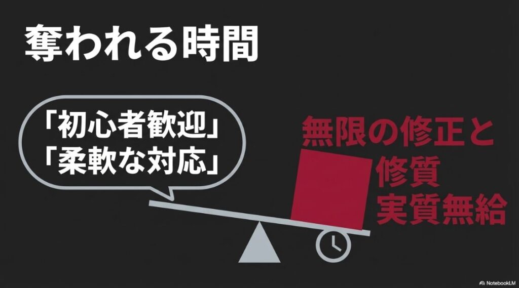 ランサーズvsクラウドワークス│初心者はどっち?違いは?初心者歓迎の裏にある無限の修正や柔軟な対応によって時間が奪われ実質無給になる危険性を伝えるスライド