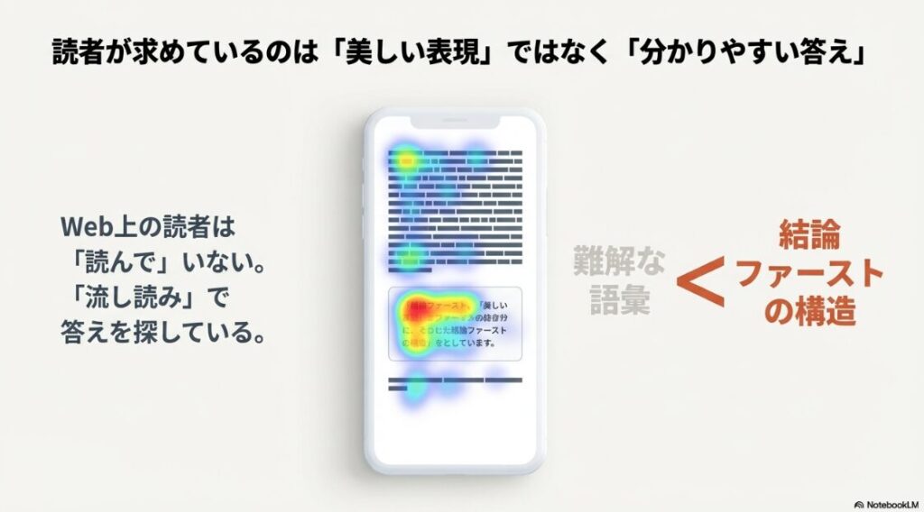 Webライターに向いてない人:読者が求めているのは美しい表現ではなく分かりやすい答えであり、Web上の読者は流し読みをしていることを示す図