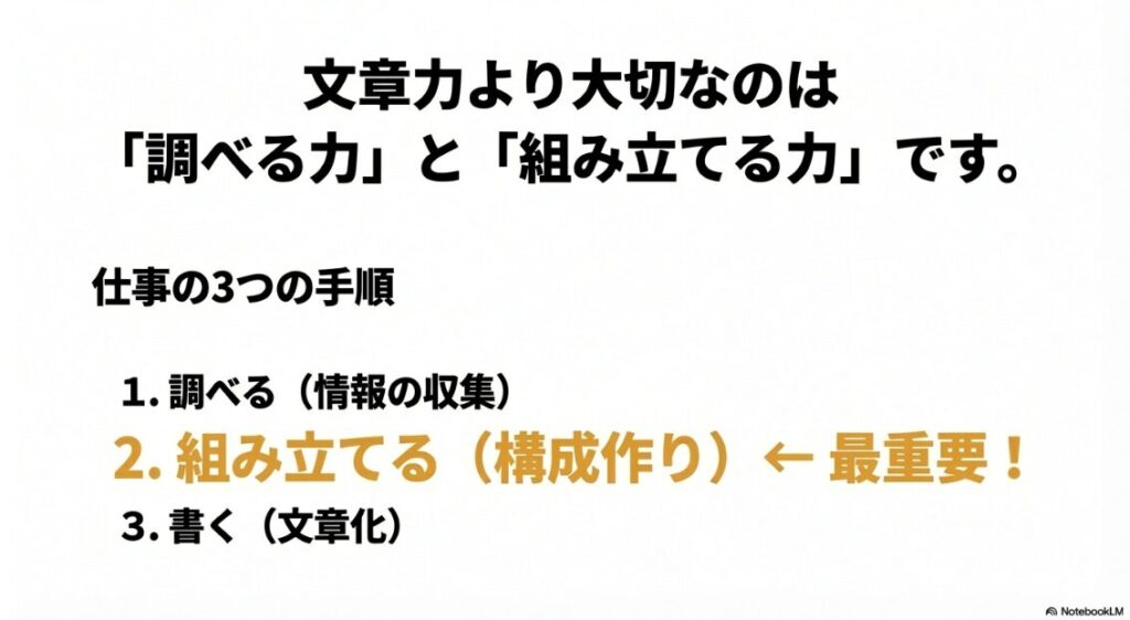 Webライターで副業の始め方|文章力より大切なのは「調べる力」と「組み立てる力」です 。仕事の手順は「1.調べる」「2.組み立てる」「3.書く」の3つであり、構成作りである「組み立てる」が最重要です 。