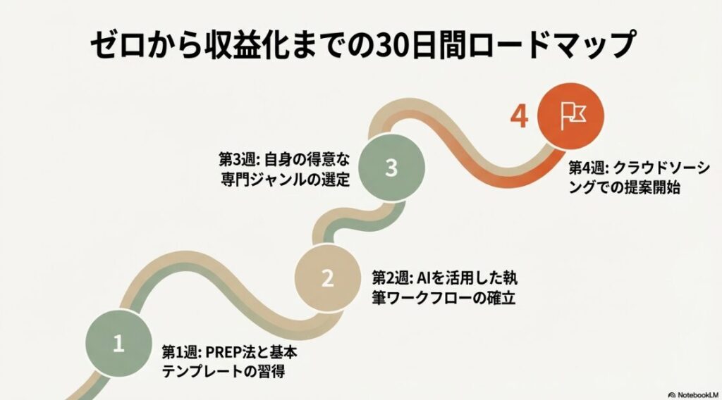 Webライターに向いてない人:PREP法の習得からAI活用、専門ジャンル選定、提案開始までの30日間ロードマップ