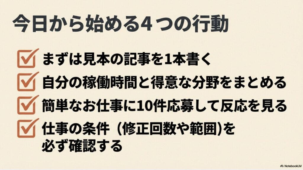 Webライター未経験の主婦の収入|今日から始める4つの行動(見本記事作成、稼働時間のまとめ、10件応募、条件確認)のリスト