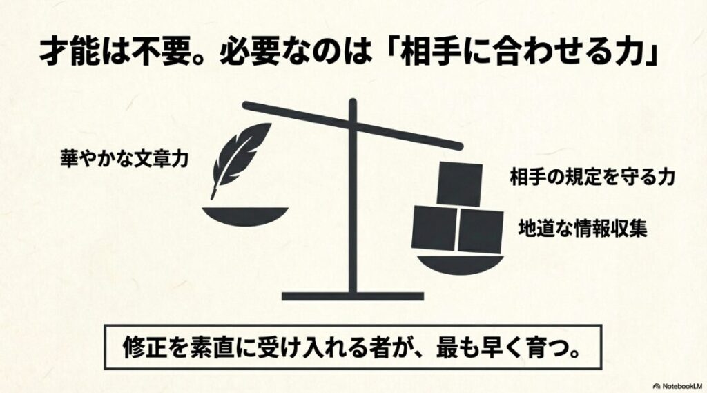 Webライターはどんな仕事内容？何をするか：華やかな文章力よりも、相手の規定を守る力や地道な情報収集が重要であることを示す天秤のイラスト